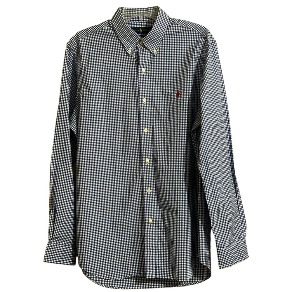 Ralph Lauren Mens Shirt Large Blue White Check Classic Fit Button Down Collar